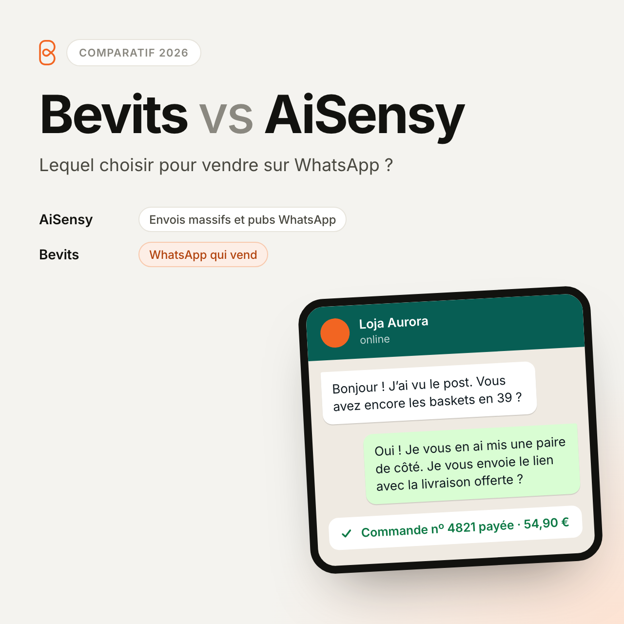 Bevits vs AiSensy : lequel choisir pour vendre sur WhatsApp en 2026 ?