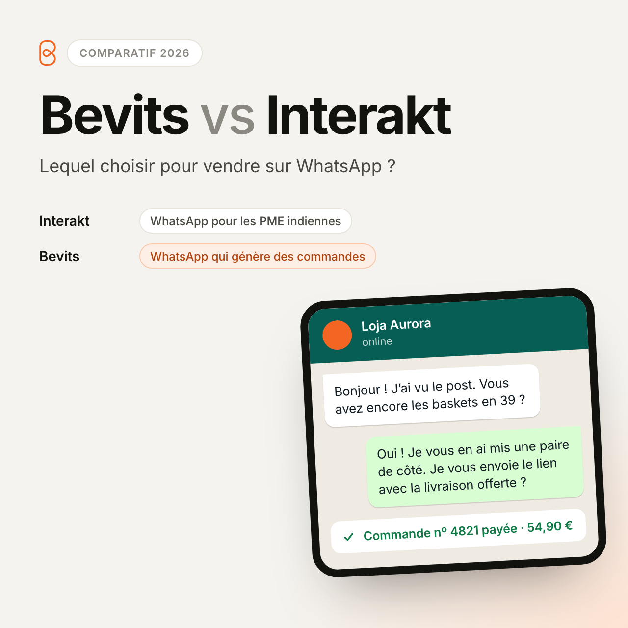 Bevits vs Interakt : lequel choisir pour vendre sur WhatsApp en 2026 ?